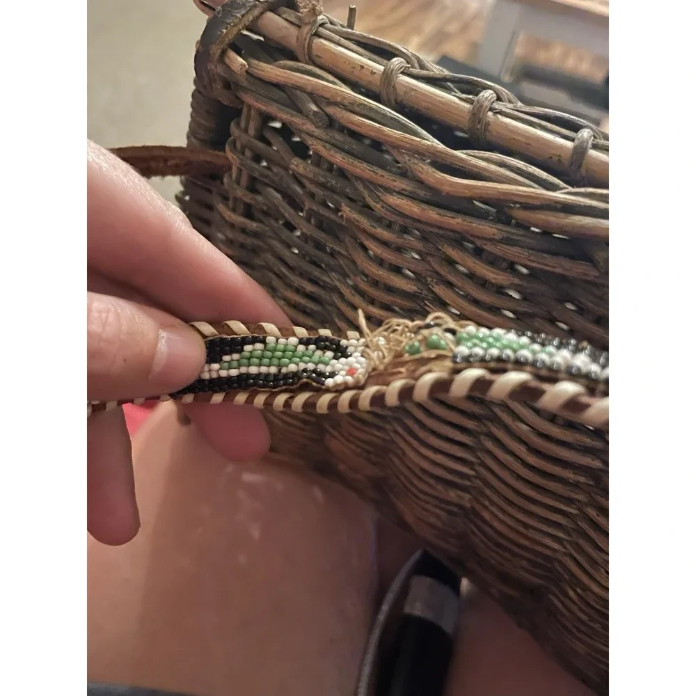 Vintage Green Fishing Creel Large Basket With Native Bead Style Leather Strap